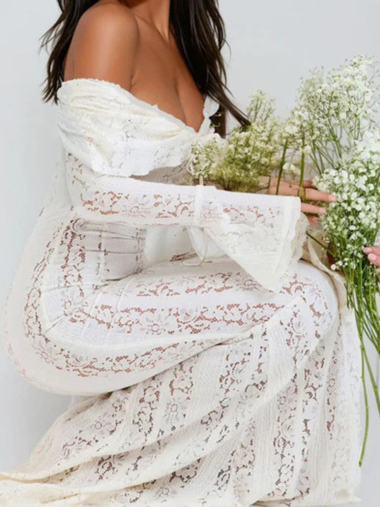 1930er Schulterfrei Spitze Trompetenärmel Maxi Meerjungfrauenkleid