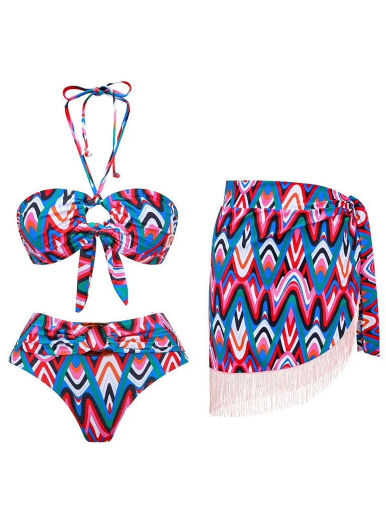 2PCS 1970er Fransendruck Schnürung Halter Bikini Set & Cover-Up
