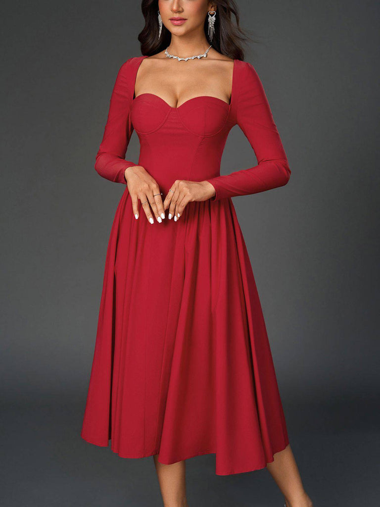 1960er Rückenfrei Schnürung Plissiertes Midi Kleid
