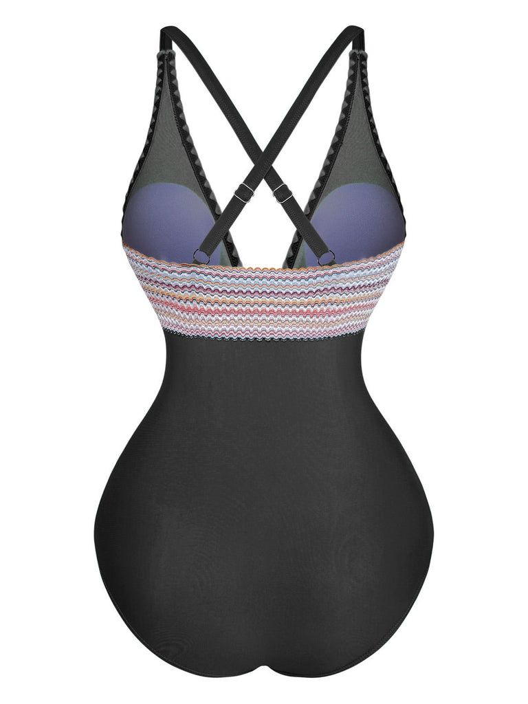 1940er Tiefer V-Ausschnitt Wellig Patchwork Einteiliger Badeanzug