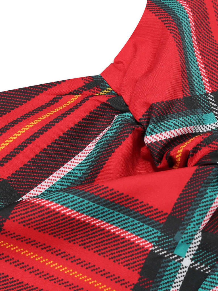 Rot 1950er Halter Weihnachten Plaids Ärmellos Kleid