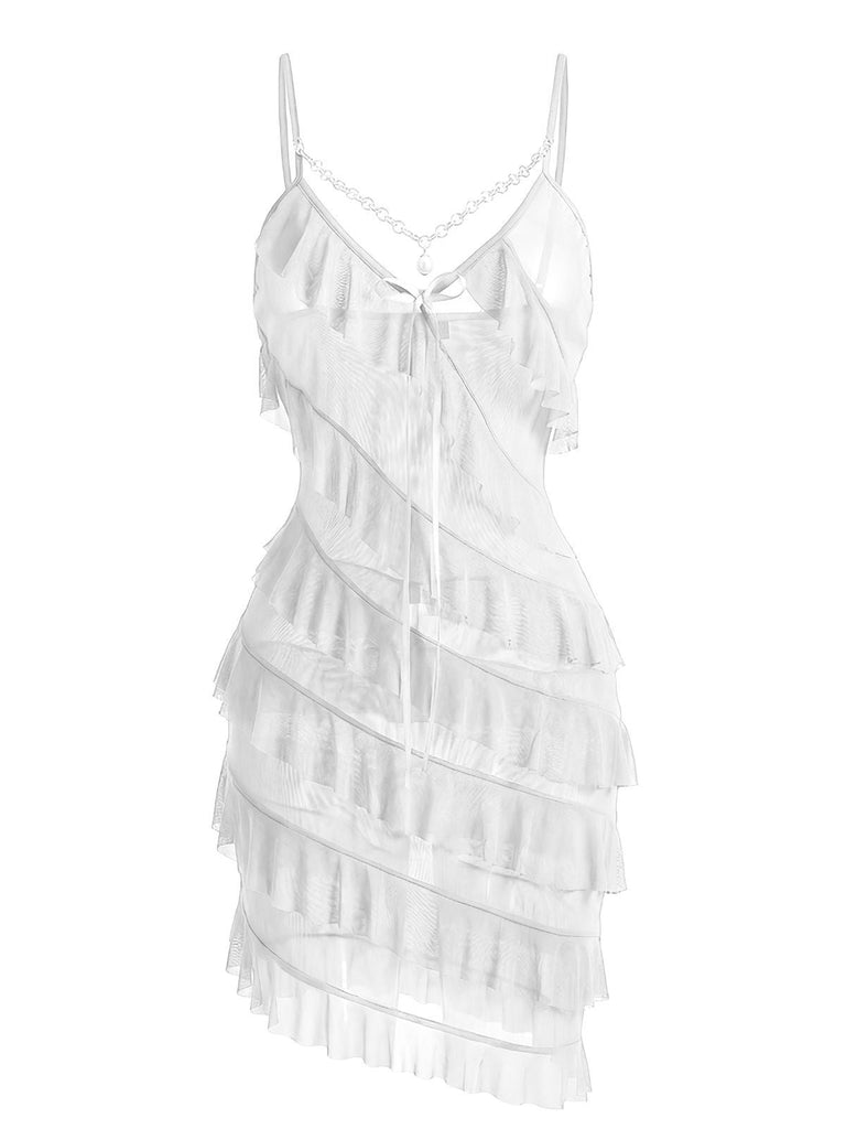 1960er Kette Perle Rüschen Spaghetti Strap Nachthemd