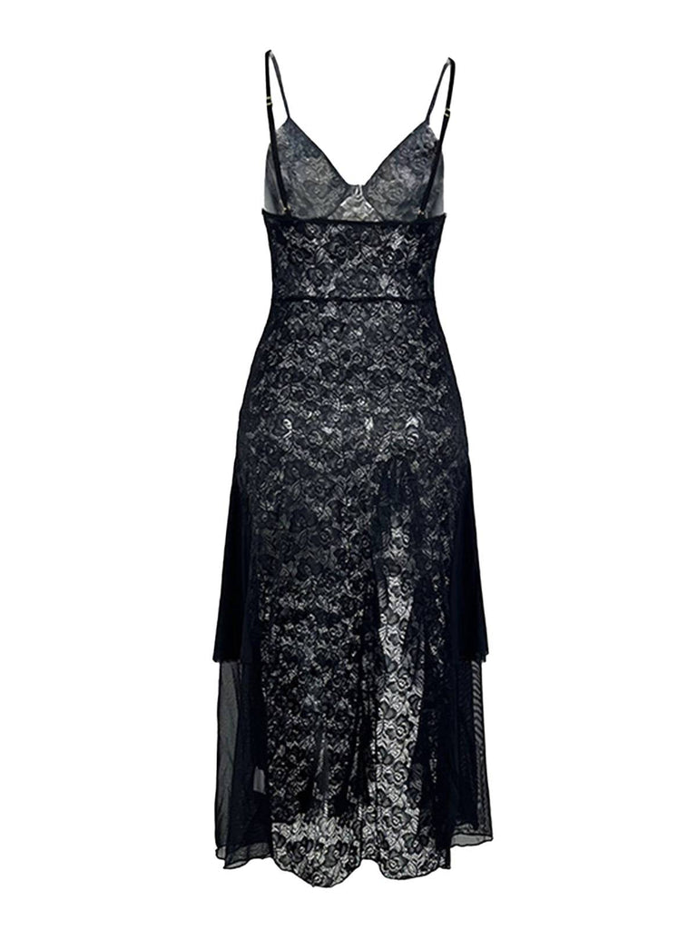 Schwarz 1950er Sheer Blumen Spitze Tief-V Schlitz Nachthemd