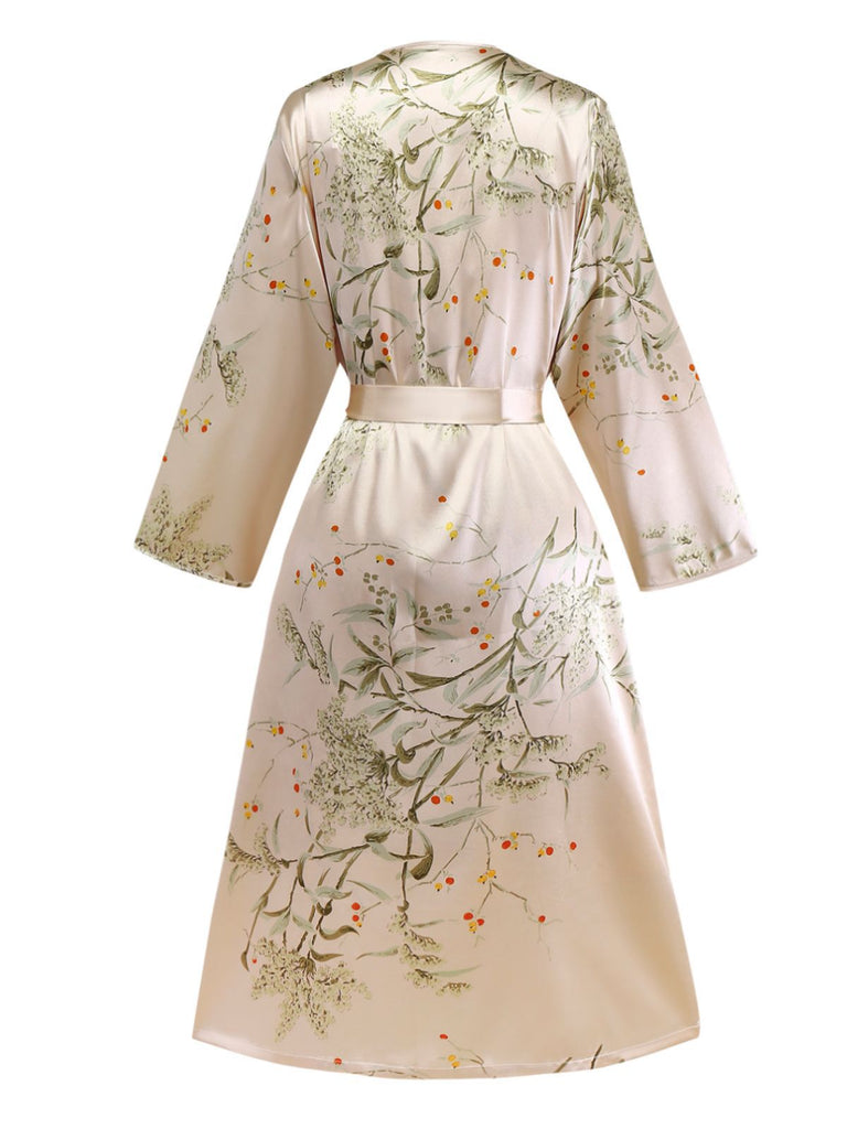 2PCS 1950er Blumen Träger Satin Nachthemd & Bademantel