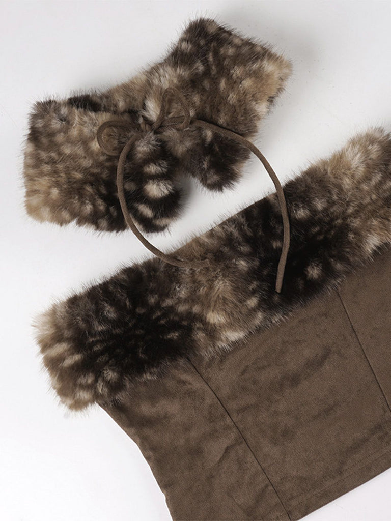 2PCS Braun 1980er Reh Kunstpelz-Verziert Crop Top & Rock