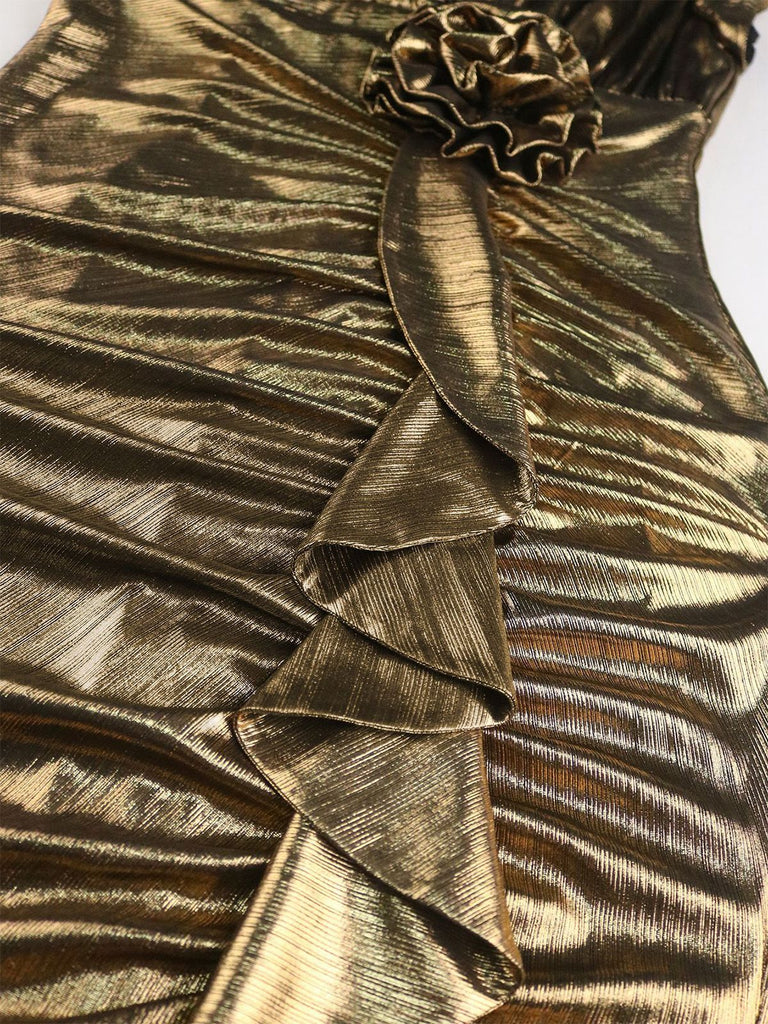 1930er Metallic Strukturiert Blumen Tailliert Fischschwanz Kleid