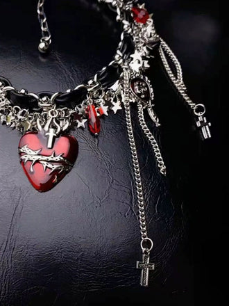 Gothic Dornenherz Leder Kreuz Quaste Halsband