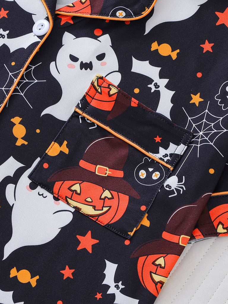 Schwarz 1950er Halloween Kerbkragen Pyjama Set