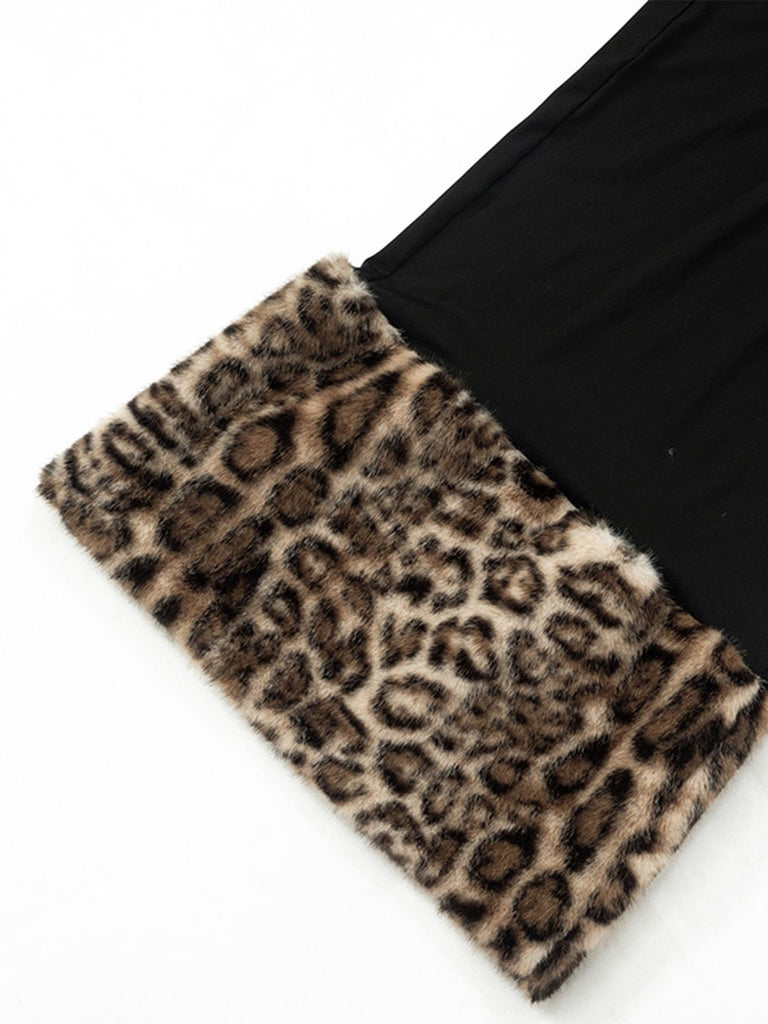 Schwarz 1930er Leopard Pelz Patchwork Einschultrig Kleid