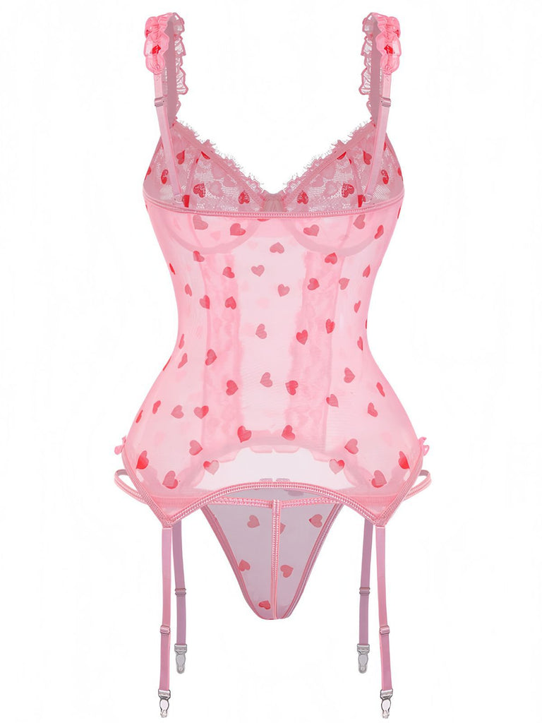 Rosa 1980er Herz Spitze Durchsichtig Bodysuit Nachthemden