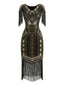 Gold 1920er Pailletten Fransen Flapper V-Ausschnitt Kleid