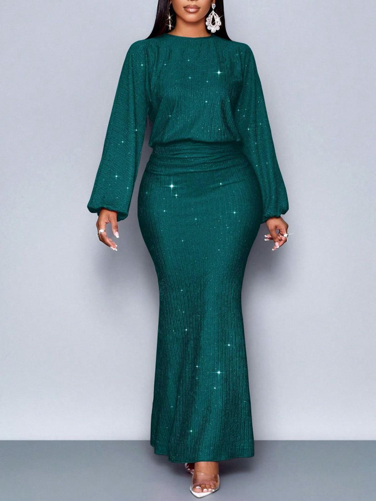 1930er Funkeln Gerüschtes Laternenärmel Stricken Fischschwanz Kleid