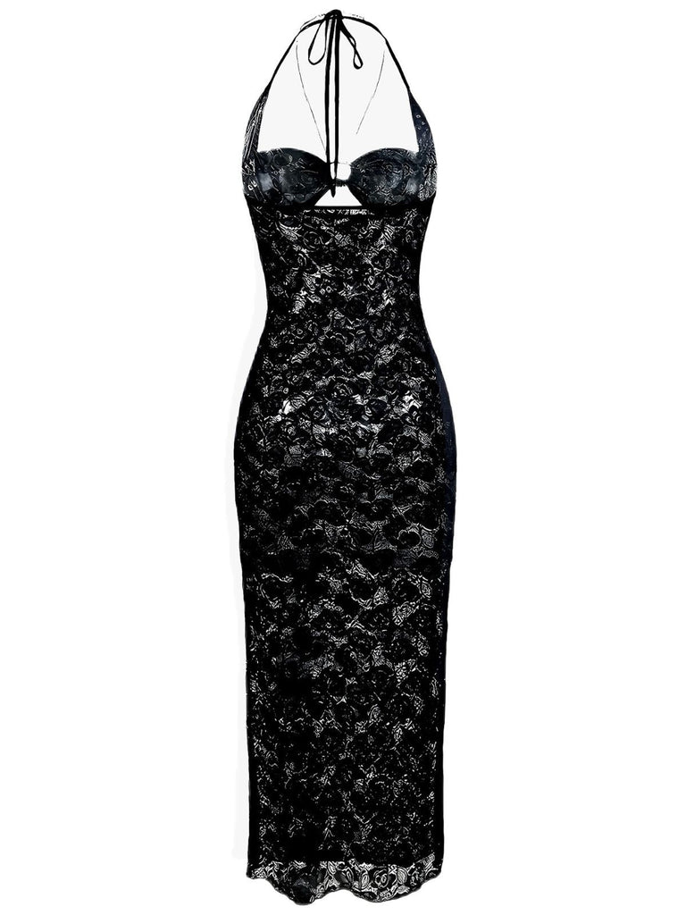 2PCS Schwarz 1940er Spitze Durchsichtig Nachtwäsche Set