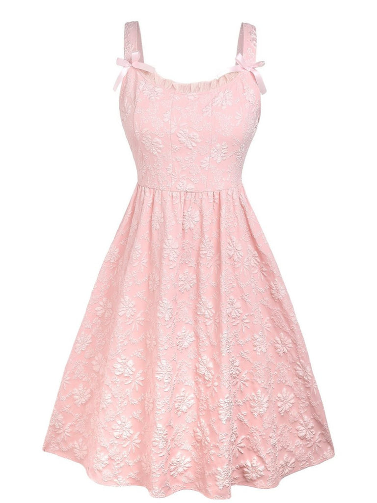 [Vorverkauf] [Übergröße] Rosa 1940er Solide Bogen Geprägt Blumen Kleid