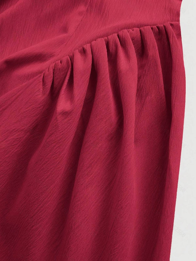 Rot 1950er Flügelärmel Steh Kragen A-Linie Kleid