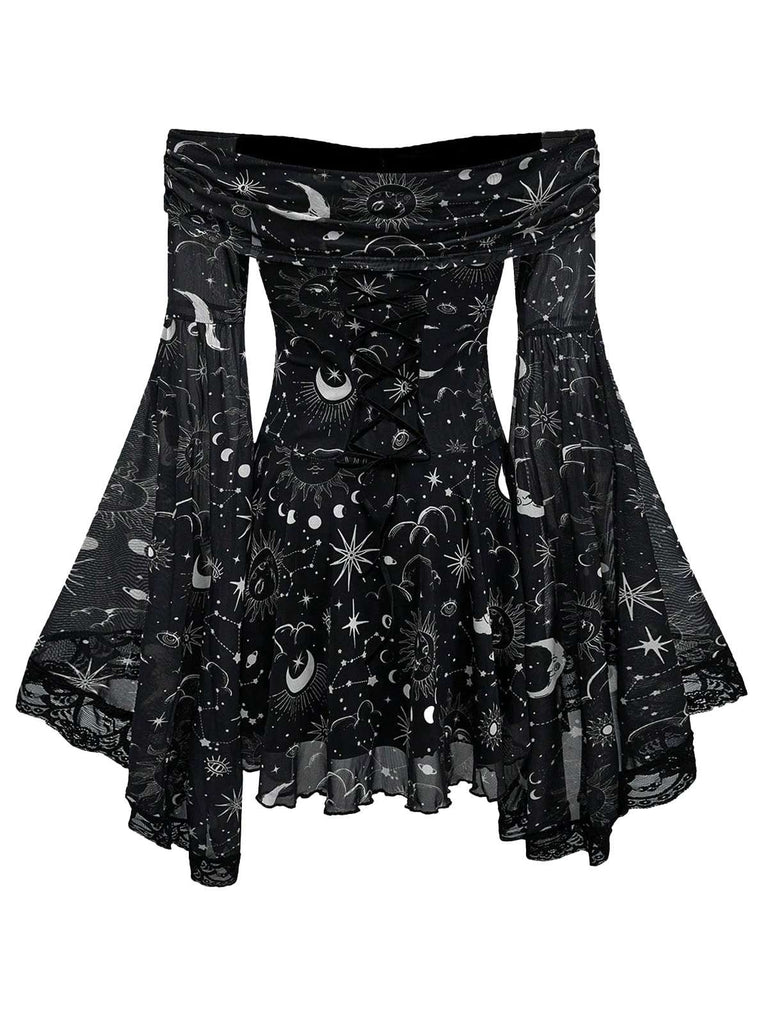 1980er Stern & Mond & Sonnengesicht Schulterfrei Glockenärmel Kleid