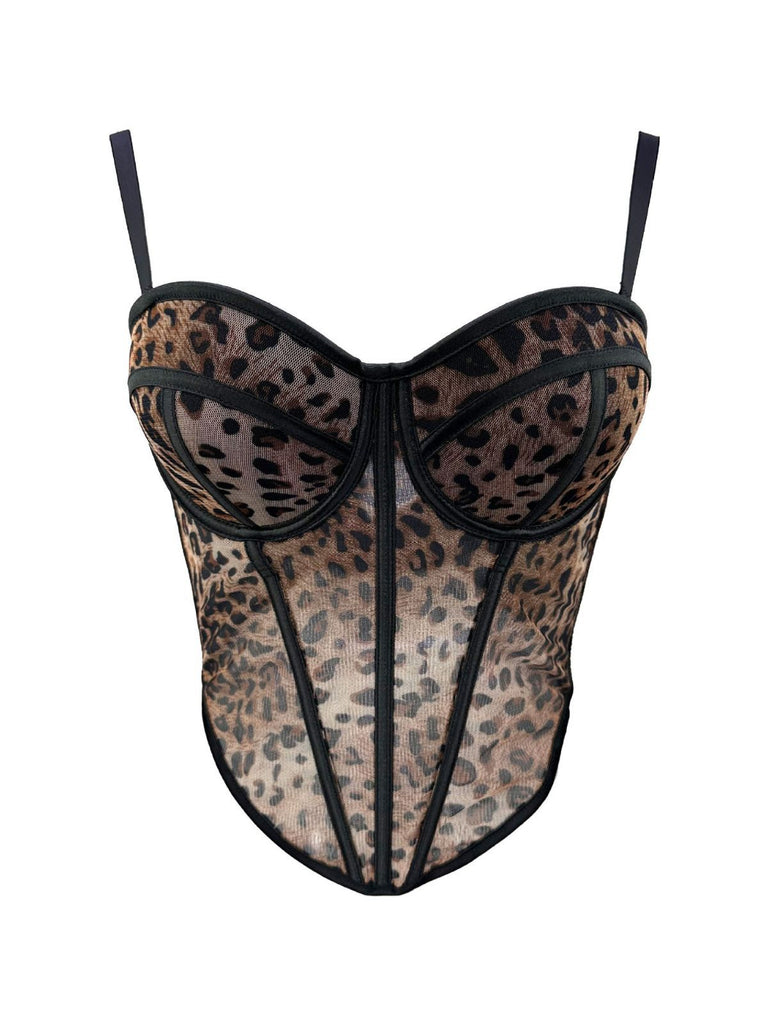 1980er Leopard Spaghetti Träger Fischgrätmuster Korsett