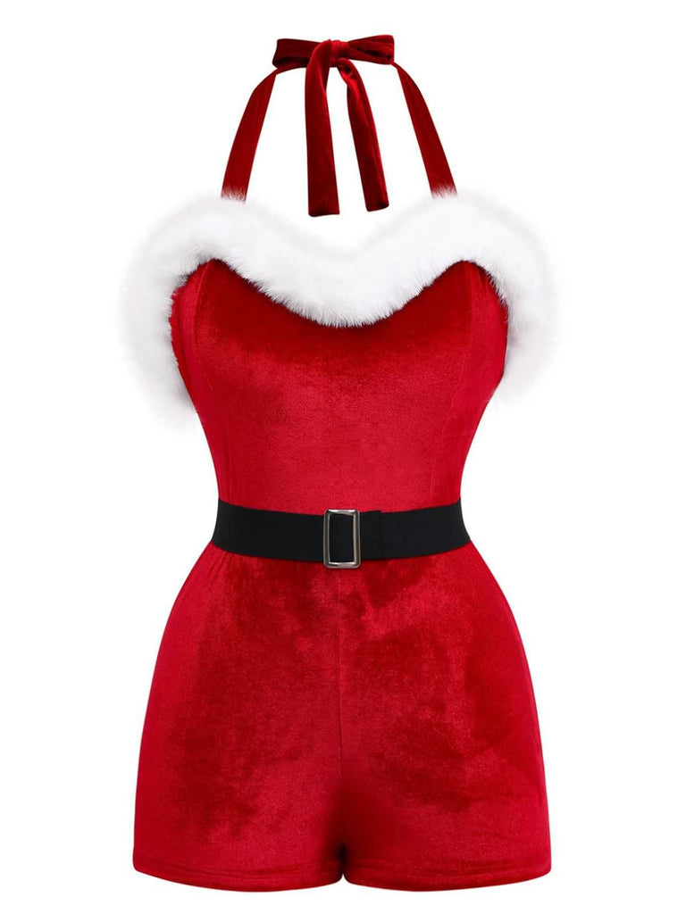 1970er Weihnachten Samt Faux Fur Trim Halter Romper Set