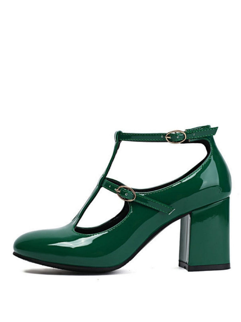 Vintage Lackleder T-Riemen Klobig Absatz Schuhe