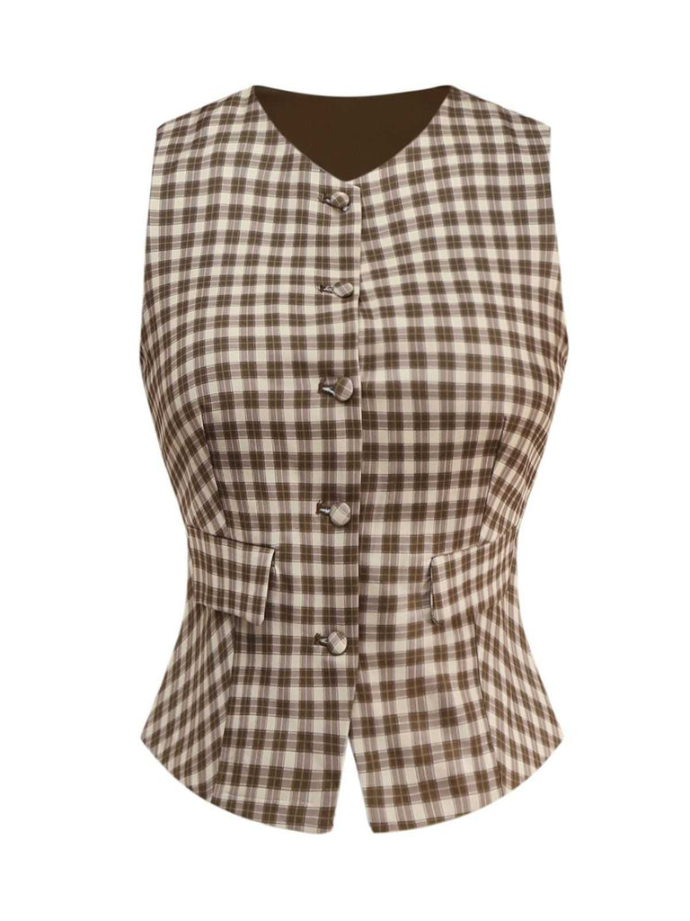 2PCS Braun 1960er Gingham Plaid Plissiertes Weste & Rock