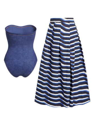 1980er Trägerlos Jeansstoff Einteiliger Badeanzug & Streifen Cover-Up