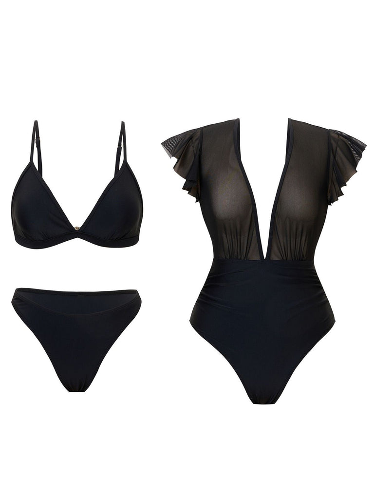 1960er Solide Netz Tiefer Ausschnitt Bikini Set & Cover-Up