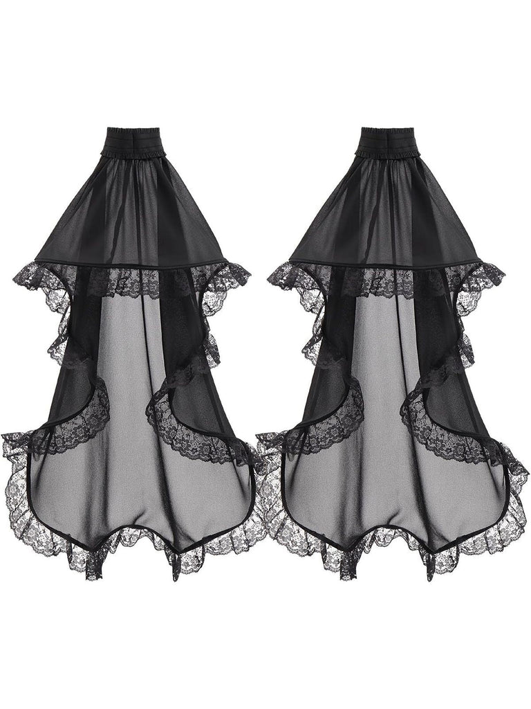 Schwarz Spitze Chiffon Lang Ausgestellte Ärmel