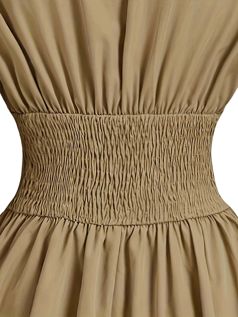 Beige 1960er Puffärmel Elastisch Geschnürt Taille Kleid