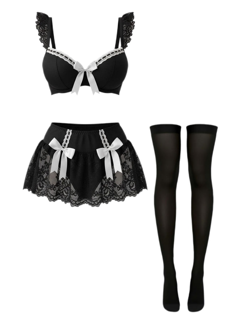 1980er Spitze Bogen Maid Kostüm Loungewear Set