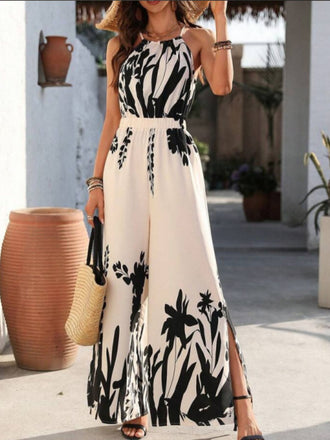 Weiß 1930er Silhouette Pflanzen Spaghetti Träger Jumpsuit