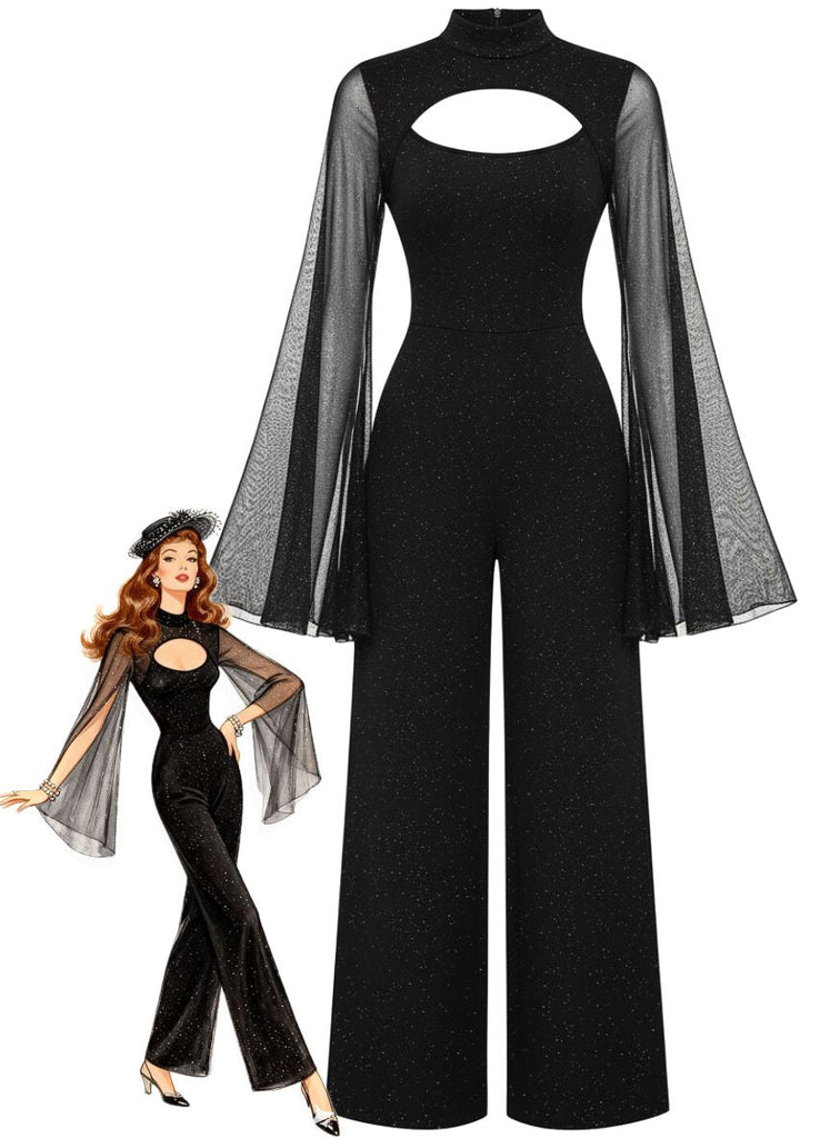 Schwarz 1930er Glitzernd Cutout Jumpsuit mit Umhang