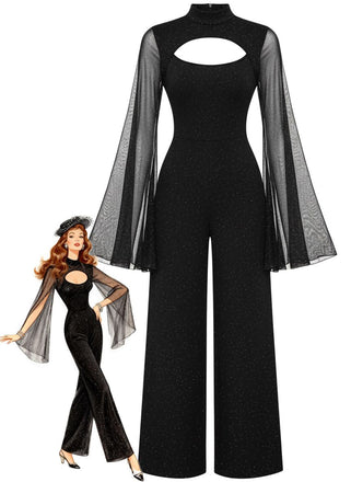 Schwarz 1930er Glitzernd Cutout Jumpsuit mit Umhang