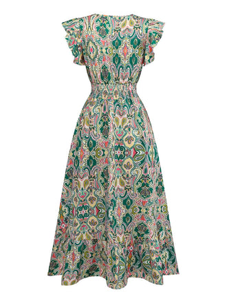 Grün 1970er V-Ausschnitt Paisley Rüschenärmel Kleid
