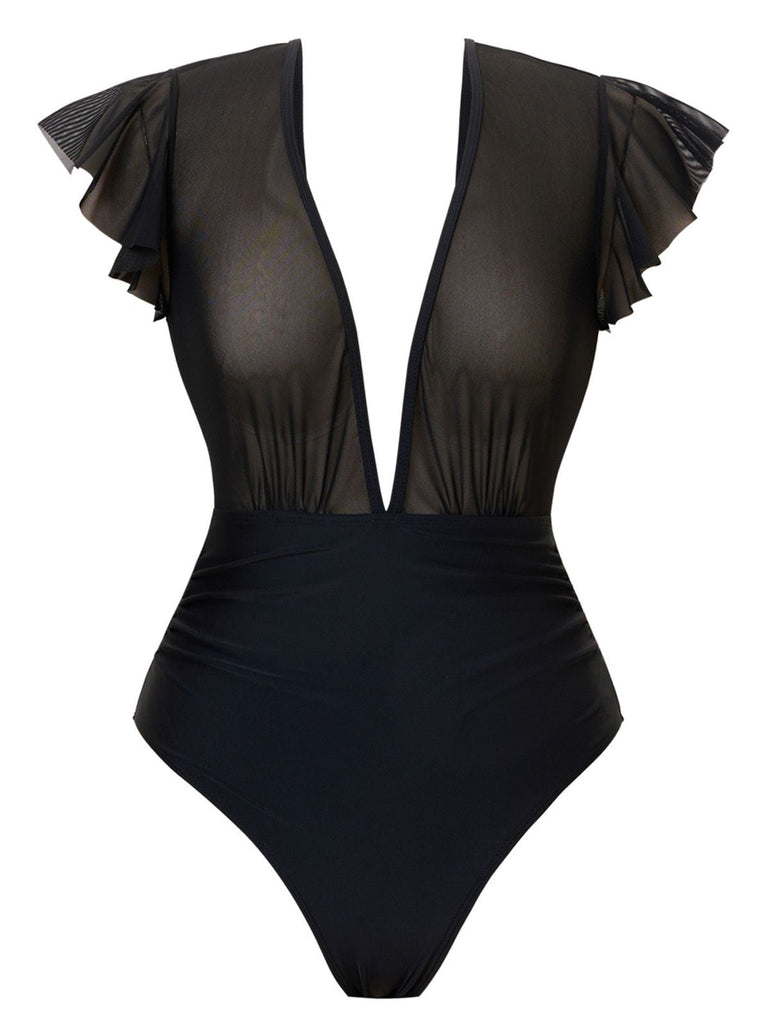 1960er Solide Netz Tiefer Ausschnitt Bikini Set & Cover-Up