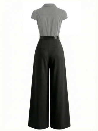 [Vorverkauf] Schwarz 1950er Streifen Schnürung Jumpsuit