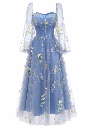 Blau 1930er Blumen Bestickt Netz Langarm Kleid