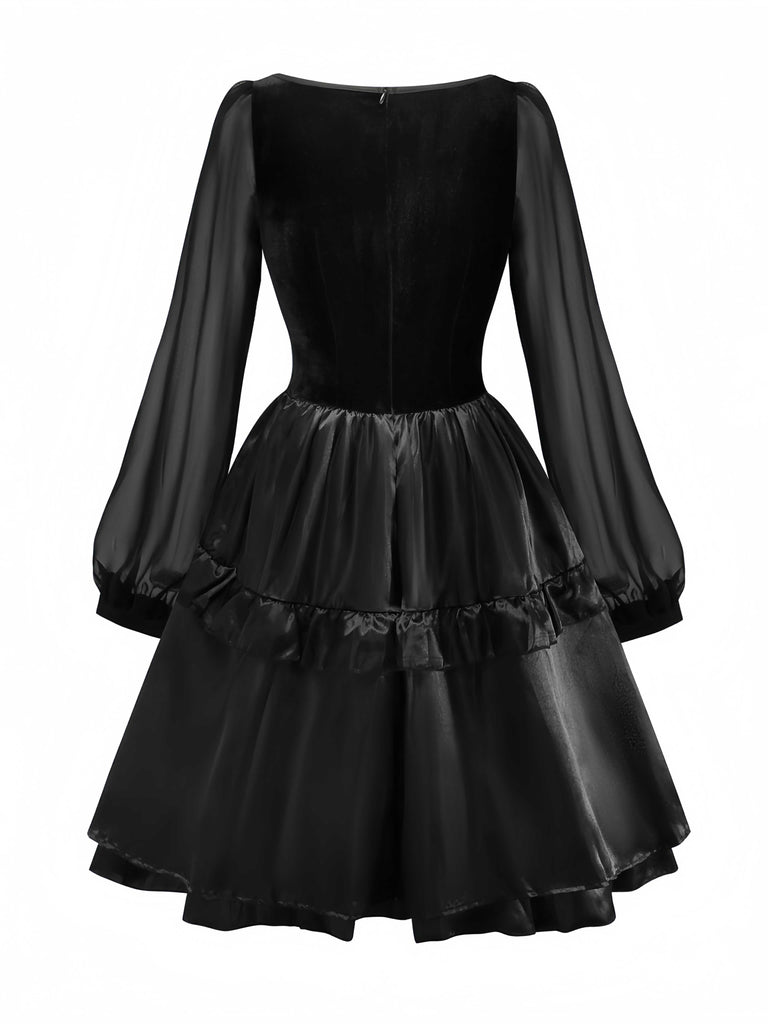Schwarz 1980er Gothic Das Kreuz Samt 3D-Roses Kleid
