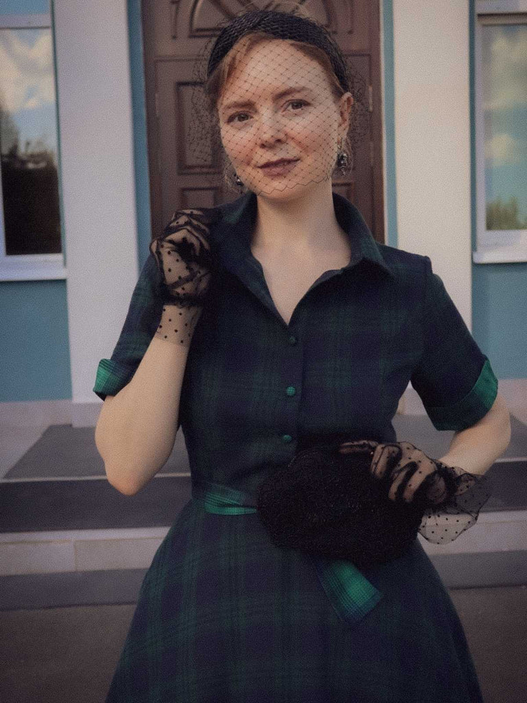 GRÜN 1950ER PLAID KURAZARM SWING KLEID