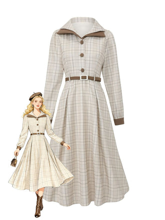 Beige 1940er Kariert Gürtel Knopf Hemd Kleid