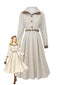 Beige 1940er Kariert Gürtel Knopf Hemd Kleid
