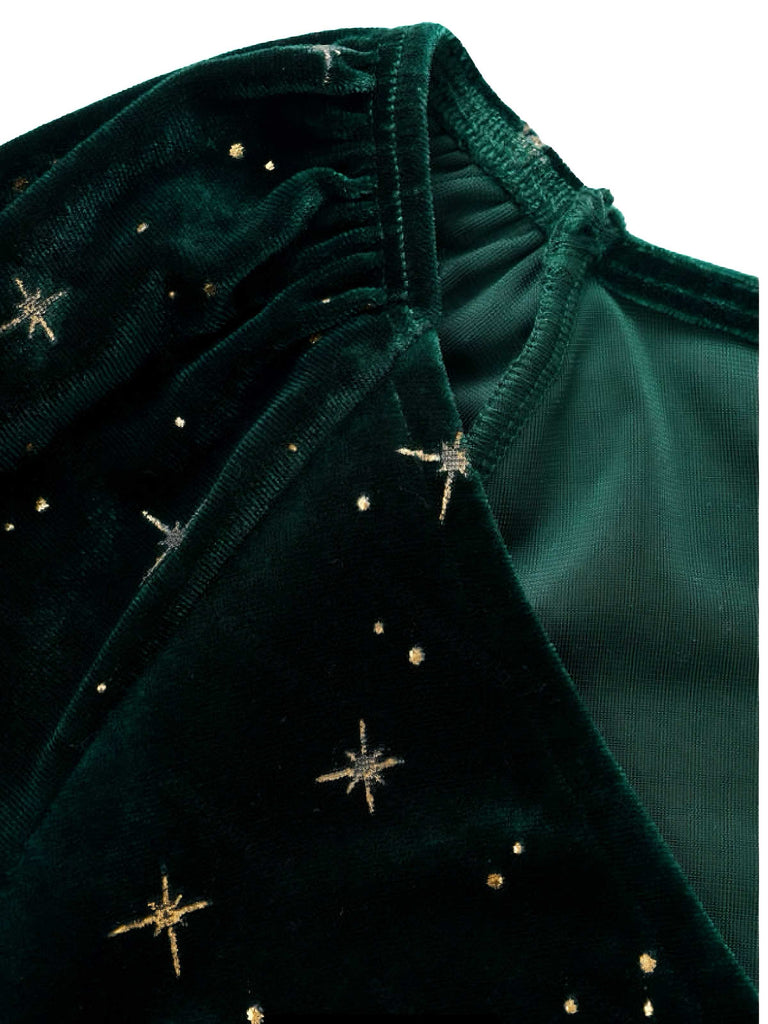 Dunkelgrün 1940er V-Ausschnitt Stern Samt Kleid