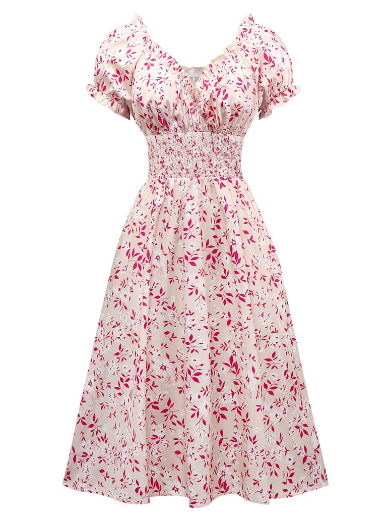 Rosa 1940er V-Ausschnitt Blumen Puffärmel Kleid