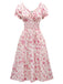 Rosa 1940er V-Ausschnitt Blumen Puffärmel Kleid