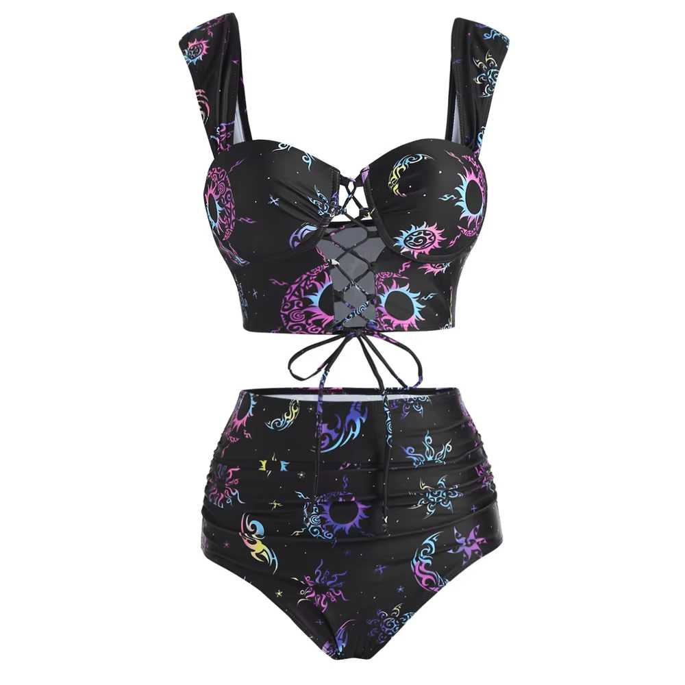 Schwarz 1980er Gurt Neon Nebula Print Gothic Bikini Set