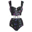 Schwarz 1980er Gurt Neon Nebula Print Gothic Bikini Set