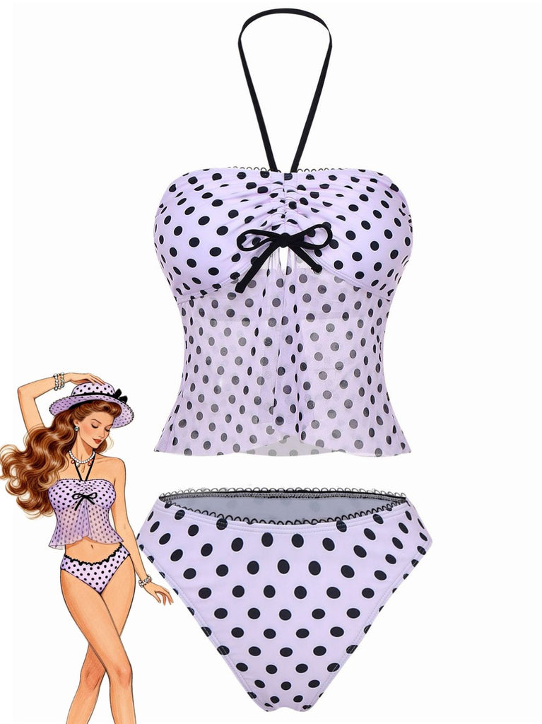 Rosa 1950er Halter Polka Punkte Bogen Tankini Set