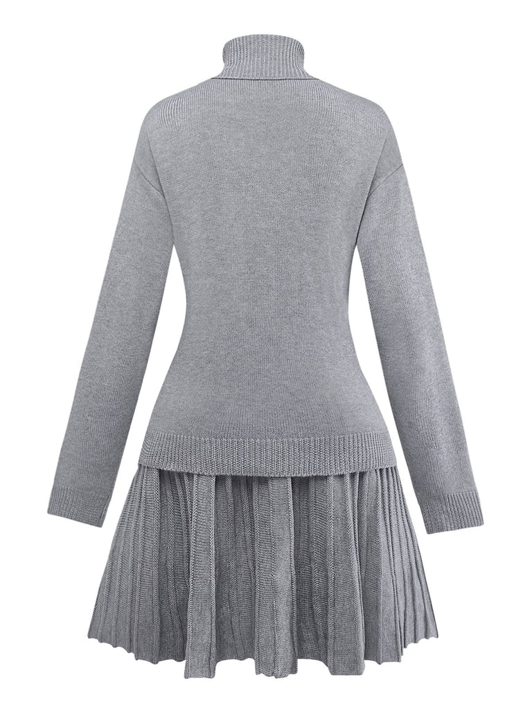 2PCS 1960er Stricken Rollkragen Pullover & Plissiertes Rock