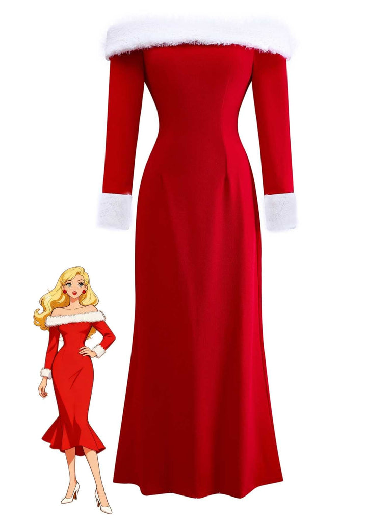 1930er Schulterfrei Kunstpelzbesatz Weihnachten Kleid