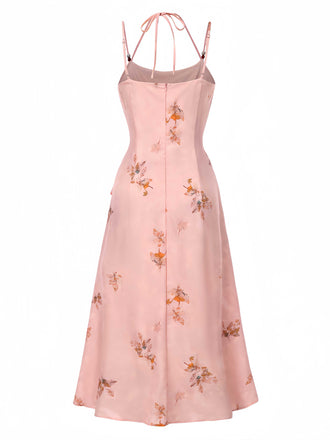 Rosa 1930er Halter Träger Blumen Satin Kleid