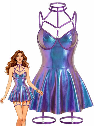 Blau 1970er Lackleder Halter Laser Slip Nachthemd